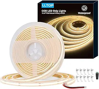 LLTOP COB LED Strip Lights Waterproof IP67 DC24v Natural White 4000K 16.4ft/5m High CRI 92Ra+ Outdoor LED Tape Lighting DIY Cuttable for Bedroom Kitchen Cabinet Shelf (Power Supply Not Included)