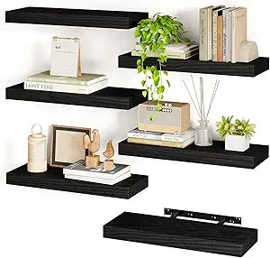 Fixwal Black Shelves, 15.7in Floating Shelves, Farmhouse Shelf Wall Decor for Bathroom, Bedroom, Living and Kitchen Set of 6