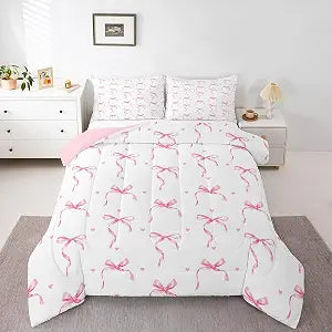 Feelyou Kids Pink Bow Duvet Insert Full Size, Bowknot Comforter Set Boys Girls Kawaii Bedding Set Princess Teens Bedroom Decor 3Pcs