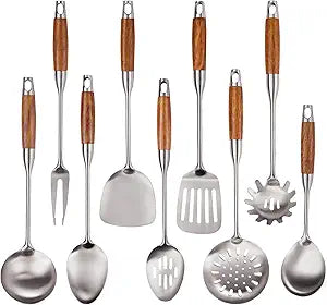 9 PCS 304 Stainless Steel Cooking Utensils set with Wooden Handle, Metal Kitchen Utensils Set, Large Heat Resistant Wooden Handle Kitchen Tools, Stainless Steel Wok Spatula