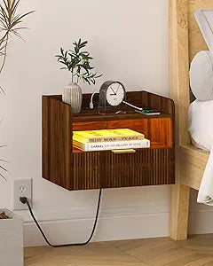 Veegle Floating Nightstand with Charging Station and LED Lights (Walnut Brown)