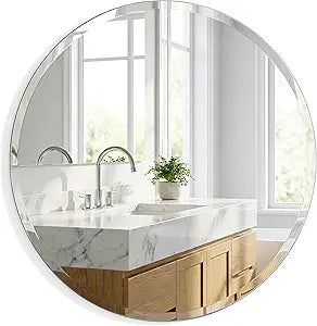 24 Inch Round Bathroom Mirror, Frameless Beveled Circle Vanity Mirror for Over Sink, Powder Room and Entryway, Solid-Backed Wall Mirror