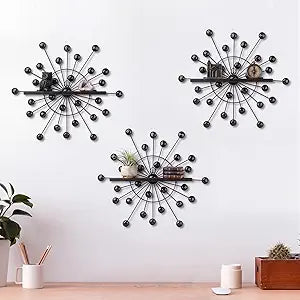 Yaocom 3 Pcs Crystal Floating Shelves, Bling Sparkle Metal Starburst Wall Decor Shelves, Black Folding Wall Mounted Storage Shelf for Bedroom Bathroom Living Room Kitchen Office