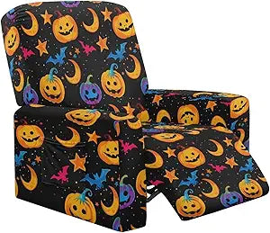 Halloween Pumpkin Bat Star Print Recliner Slipcover Reclining Cover for Single Seat Recliners 4-Piece Furniture Protector Non-Slip Lazy Boy Chair Cover
