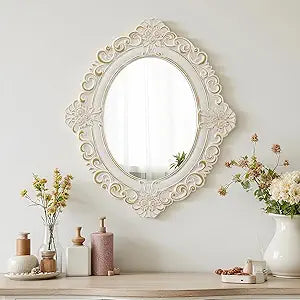 Vintage Oval Mirrors for Wall 26 X 30 Inch, Hanging Distressed White Carved Wooden Flower Frame Bathroom Mirrors for Over Sink, Decorative Antique Mirror for Hallway, Horizontal or Vertical