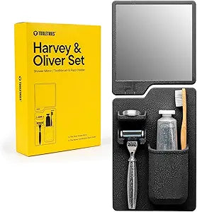 TOOLETRIES The Harvey & Oliver Set, Silicone Wall Mounted Bath & Shower Organizer with Clear-View Shatterproof Grooming & Shaving Mirror, Easy Installation, Removable & Reusable - Charcoal