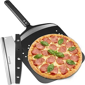 Perforated Pizza Peel 12 Inch - Aluminum Non-stick Metal Pizza Paddle with Rocker Cutter for Easy Storage, Pizza Spatula, Pizza Paddle for Baking Homemade Outdoor Pizza Oven Pizza Bread (BLACK-1)