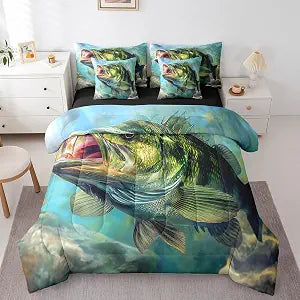 Erosebridal Hunting and Fishing Theme Bed in a Bag 7-Piece Pike Bass Fish Bedding Set, Ocean Sea River Animal Twin Size Comforter Set Vintage Lake House Bedding Comforter Sets, Animal Wildlife Bed Set
