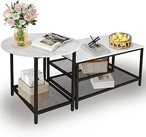 AT-VALY Nesting Table Set of 2, Modern Round End Table & Rectangular Coffee Tables for Living Room Apartment (Black)