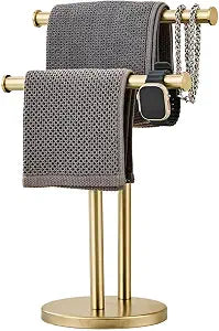 SHUNLI Hand Towel Holder Stand, Double Towel Rack Free Standing for Bathroom Countertop, T-Shape Hand Towel Stand for Stainless Steel (Brushed Gold)