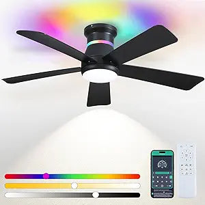 Surtime 46" Black Ceiling Fans with RGB Lights - Flush Mount Ceiling Fan Light with LED 3CCT Dimmable, Modern Low Profile Ceiling Fans for Indoor Party,Covered Outdoor