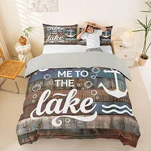 Lake Life Duvet Cover Set Queen Size Rustic Farmhouse Bedding Set 3pcs for Kids Teens Boys Girls Bedroom Decor Vintage Brown Cabin Home Comforter Cover White Anchor Pattern Quilt Cover,2 Pillowcases