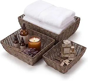 AceOrbit 3pcs Bathroom Woven Baskets Organizer for Storage, Paper Rope Baskets for Organizing Toilet Paper, 3-size Organizer Basket Storage Bins Container for Bathroom Decor, Pantry Shelves (Brown)