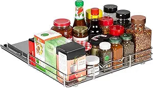 Pull-Out Cabinet Spice Rack Organizer - Slim Slide-Out Storage for Spices, Bottles & Jars, Premium Heavy-Duty Steel, Easy Install for Narrow Kitchen Cabinet - 16  W x 10  D x 2  H, Chrome