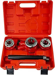 Pipe Threader Ratchet Kit, BSPT 1/2" 3/4" 1" Manual Pipe Threading Tool Set with 3 Dies, Heavy Duty Ratcheting Threader for Professional Pipe Cutting and Threading