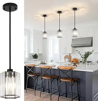 Black Pendant Lights, 3 Pack Crystal Pendant Lights Kitchen Island Lighting, 1-Light Modern Hexagonal Crystal Island Lights for Kitchen, Dining Room, Hallway, Foyer, Entryways