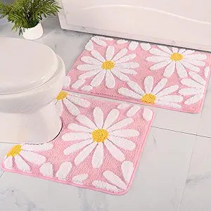 QJHOMO Bathroom Rugs Sets 2 Piece Cute Daisy Bath Mat Pink Toilet Rug U Shaped, Flower Deocr Bathroom Set Non Slip Contour Bathmat, Super Absorbent Microfber Floor Mats Machine Washable Carpets