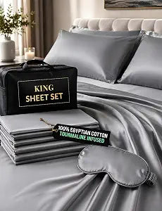 Luxury Tourmaline Infused 100% Egyptian Cotton King Size Sheet Set, 1000 Thread Count Sateen, Deep Pocket  Fitted & Flat Sheet, 2 Pillowcases + Sleep Mask, Gift Storage Case, Grey