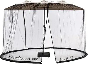 Mosquito Neting for 15FT Double-Sided Patio Umbrella Sunbrella Neting Double Zipper Water Pipe Bottom Used and for Patio Gazebo pop up canopy10x10 Interchangeable (Black 15ft)