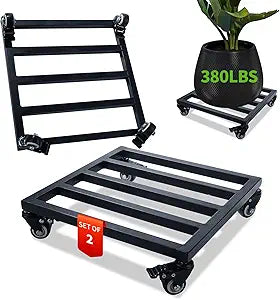 2 Pack 12 Inch Metal Plant Caddy with Wheels, Square Rolling Plant Stand Heavy Duty Indoor Outdoor Planter Dolly, Plant Pot Mover for Large Flower Pots and Planters, 380 Lbs