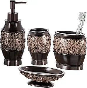 Creative Scents Dublin Brown Bathroom Accessories Set Complete - 4 Pc. Bathroom Sets Accessories, Luxury Bathroom Accessory Set - Soap Dispenser, Soap Dish, Tumbler & Toothbrush Holder Set