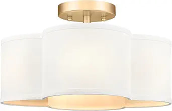Gold Semi Flush Mount Ceiling Lights, 14" 4-Light Ceiling Light Fixtures with Fabric Shade in Quatrefoil Shape, Farmhouse Brass Drum Lighting for Kitchen Hallway Bedroom, AD-22007-4SF-GD