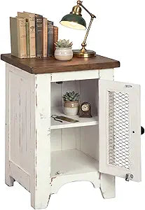 Signature Design by Ashley Wystfield Farmhouse Chair Side End Table with Cabinet Door for Storage, White & Brown with Distressed Finish