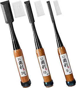 KAKURI Japanese Wood Chisel Set [Long Handle] 3 Piece for Woodworking, Made in JAPAN, Japanese Oire Nomi for Carve, Mortise, Dovetail, Sharp Japanese Carbon Steel, Red Oak Wood Handle
