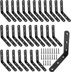 30 Pack Black L Bracket, 4 x 4 Inch Heavy Duty Corner Brace Bracket, Shelf Bracket for Wood Chair Bookshelf Cabinets Furniture, with Screws