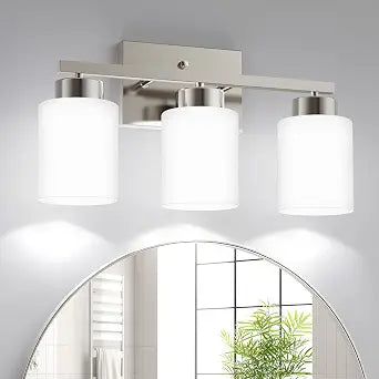 PARTPHONER 3-Light Brushed Nickel Bathroom Light Fixtures, Modern Vanity Light Over Mirror Lighting, Wall Sconce with Frosted Milky White Glass Shades for Bedroom Living Room Kitchen Hallway