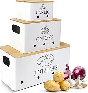 Kitchen Metal Vegetable Storage Bins,Metal Potato Onion Garlic Storage Set of 3 with Aerating Holes and Bamboo Lids,Farmhouse Canisters Sets for the Kitchen Countertop (1, Rectangular)