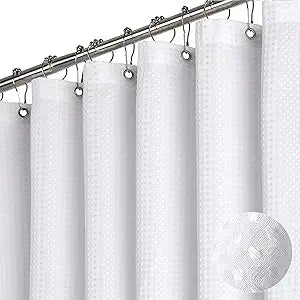 Dynamene Extra Wide Shower Curtain-108 Inch Wide Waffle Weave Weighted Thick Cloth Bathroom Shower Curtain, Neutral Heavy Duty Hotel Bath Curtain Set with 18 Plastic Hooks,108x72, White
