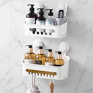 LEVERLOC Shower Caddy Suction Cup Shower Shelves Basket Pack of 2 One Second Installation Removable Powerful Suction Cup Bathroom Organizer Max Hold 22lbs Shower Storage Plastic