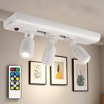 Track Lighting with 3 Rotatable Light Heads,LED Spotlights Indoor with Remote Control, Battery Operated Wall Sconces Ceiling Spotlight for Kitchen Under Cabinet Picture Display Accent Lighting