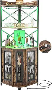 Aheaplus Corner Bar Cabinet with Power Outlet, Industrial Wine Cabinet with LED Strip and Glass Holder, 5-Tiers Liquor Cabinet Bar Unit for Home, Corner Display Cabinet for Small Space, Rustic Brown