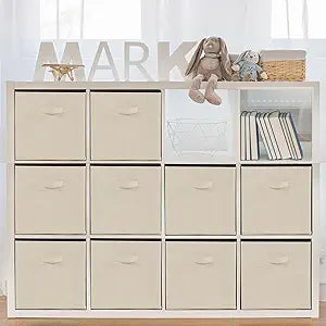 11x11 Storage Bins, Set of 10 Storage Cubes, Collapsible Cube Storage Bins, Fabric Closet Organizers with Handles for Home, Office, Closet Shelf Cabinet, Bookcase, Beige