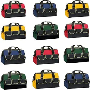 12 Pack Tool Bags for Men Heavy Duty with Waterproof Hard Bottom Wide Mouth Large Tool Tote Bag Multi Pockets Organizer for Electrician Carpenter Mechanic Dad Gifts (12, Mixed Color, 13 Inch)