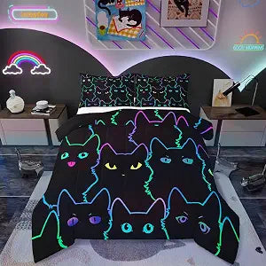 Erosebridal Cute Cat Kids Comforter Neon Rainbow Line Cat Twin Bedding Set for Girls Boys Teen Cartoon Kawaii Cats Toddler Bed Set Colorful Animals Quilt Set Reversible Black,1 Pillow Case