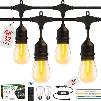 50FT Outdoor String Lights Waterproof with 30+2 Bulbs (1.5FT Bulbs Spacing), Remote & Dimmer, Commercial Grade Patio Lights with 3 Mode Light & Timing,100PC Ties for Outside