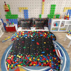 3D Building Blocks Bedding Sets Construction Comforter Set 7 Piece Bed in a Bag Twin,for Boys,Colorful Sheet Set with Comforter Kids Bricks Rainbow Gradient Room Decor for Teen Girls,Black