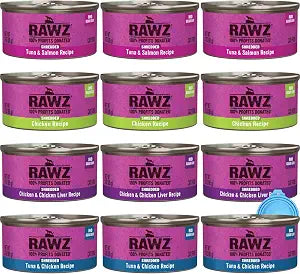 Rawz Natural Premium Canned Cat Wet Food Shredded -12 Pack Cans Variety Pack -4 Flavors with Yow Pet Lid- (Tuna & Salmon, Chicken & Liver, Tuna & Chicken, Chicken)- (3oz Cans)