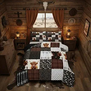 Feelyou Highland Cow Animal Comforter Set King Size Brown Farm Vintage Bedding Set for Kids Boys Girls Leopard Print Duvet Quilt Grey Camo Bedroom Decor Microfiber 3 Pcs with 2 Pillow Cases