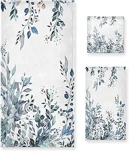 Blue Eucalyptus Bath Towel Set, 3 Piece Watercolor Blue Leaf Floral Spring Set, Absorbent Microfiber Decorative Towels for Hair, Face