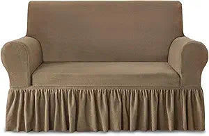NICEEC Loveseat Cover Thick Plush 1-Piece Warm Khaki Slipcover for Loveseats Stretch Fluffy Couch Covers for Living Room Easy Fit Washable Soft Furniture Sofa Protector with Skirt