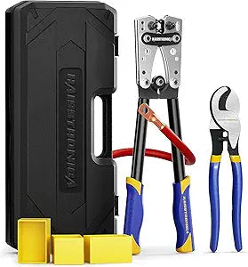 haisstronica Heavy Duty Battery Cable Crimping Tool Kit-Ratchet Hex Extended Handle Crimper for 8,6,4,2,1,1/0 AWG Copper Lugs with Blow Molded Box,Cable Cutter