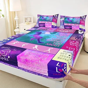 Volleyball Plaid Fitted Sheet Twin Size Watercolor Geometric Patchwork Bedding Set 2pcs Starry Galaxy and Ball Sports Deep Pocket Sheet Girls Kids Volleyball Player Bed Sheet Teens Bedroom Decor