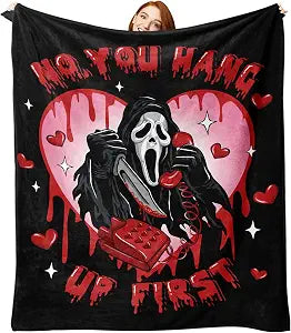 Black Horror Ghost Face Flannel Throw Blanket, No You Hang up First Funny for Kids Men Women, Romantic Love Heart Soft Blankets for Bedding Sofa 50 x 60 Inches