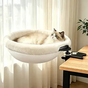 IPOW Heavy Duty Steel Frame 180 Rotating Cat Desk Bed Semi-Circular Cat Bed, Soft Faux Rabbit Fur Material, Suitable for Various Desktops-Maximum Hold Up to 40lb