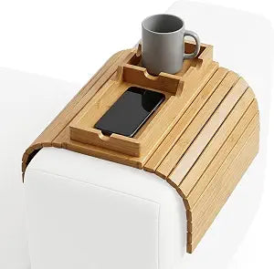 Bamboo Sofa Armrest Tray with Detachable Cup Holder  Anti-Slip Foldable Couch Arm Tray Table, 2-in-1 Armchair Caddy for Drinks, Phone, TV Remote & Snacks