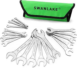 SWANLAKE GARDEN TOOLS 19-Piece Super-Thin Open End Wrench Set with Rolling Pouch, Metric 5.527 mm & SAE 1/4"-1-1/16", 3 mm Thickness Slim Spanner Wrench Set, Carbon Steel